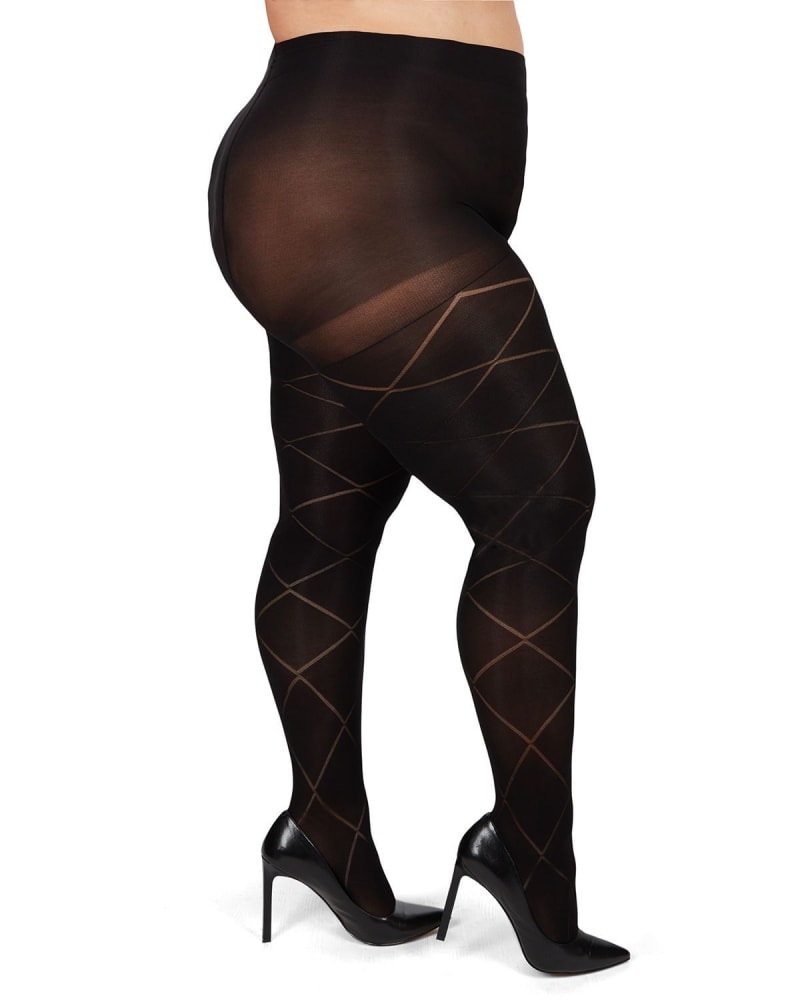 Side of a model wearing a size 7X Diamond Opaque Plus Size Curvy Control Top Tights in Black by Memoi. | dia_product_style_image_id:299926